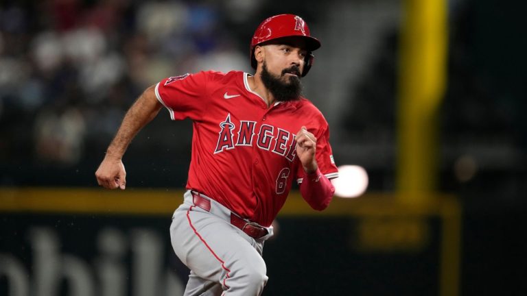 Los Angeles Angels' Anthony Rendon sprints to third during a baseball game against the Texas Rangers, Sept. 6, 2024, in Arlington, Texas. (Tony Gutierrez/AP)