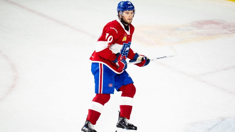 Laval Rockets' Joshua Roy skates during second period AHL action against the Cleveland Monsters, in Laval, Que., on Tuesday, May 6, 2025. (THE CANADIAN PRESS/Christopher Katsarov)