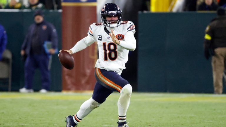 Chicago Bears quarterback Caleb Williams looks to pass against the Green Bay Packers during the second half of an NFL football game, Sunday, Dec. 7, 2025, in Green Bay, Wis. (Mike Roemer/AP)