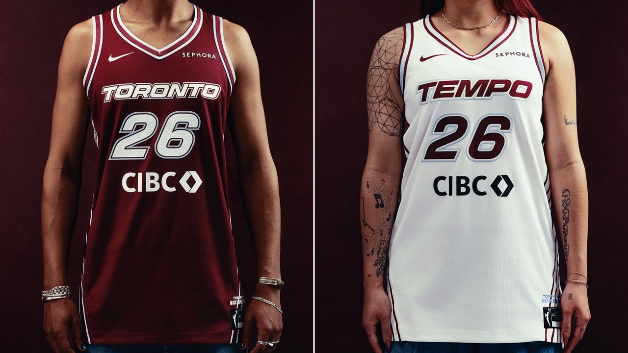 The WNBA's Toronto Tempo team unveiled their inaugural jerseys on Tuesday, Dec. 16, 2025. The WNBA Nike Explorer Edition, in Tempo Bordeaux, left, and the WNBA Nike Heroine Edition in white, right, are seen in this composite of handout images. (Toronto Tempo via CP)