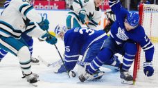 Maple Leafs blow late lead, lose to Sharks in OT after review