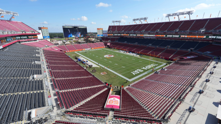 Raymond James Stadium is decorated for it's 50th anniversary throwback game for an NFL game between the New York Jets and the Tampa Bay Buccaneers, Sunday, Sept. 21, 2025, in Tampa, Fla. (Peter Joneleit/AP)