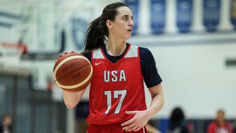 Caitlin Clark brings the ball up court during a training camp for the U.S women's national basketball team, Friday, Dec. 12, 2025, in Durham, N.C. (Matt Kelley/AP)