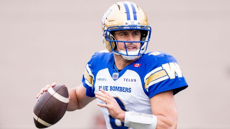 Winnipeg Blue Bombers quarterback Zach Collaros looks to throw the ball during first half Eastern semi-final action against the Montreal Alouettes, in Montreal on Saturday, Nov. 1, 2025. (Christopher Katsarov/CP)