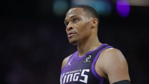 Sacramento Kings guard Russell Westbrook looks on during the first half of an NBA basketball game against the Dallas Mavericks, Saturday, Dec. 27, 2025, in Sacramento, Calif. (Scott Marshall/AP)