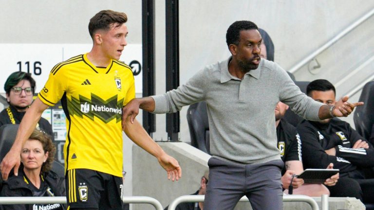 Columbus Crew coach Wilfried Nancy, right, speaks with Malte Amundsen during the first half of the team's MLS soccer match against CF Montréal on Saturday, April 27, 2024, in Columbus, Ohio. (Jeff Dean/AP)