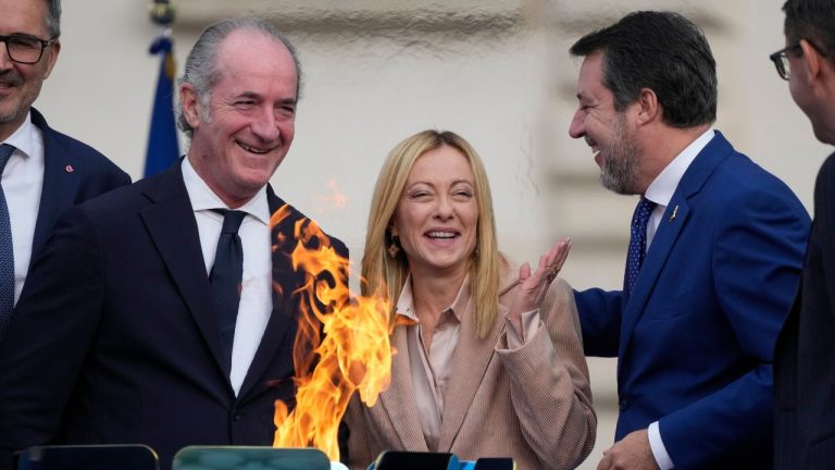 Italy's Prime Minister Giorgia Meloni, Veneto region President Luca Zaia, and vice president of Italy's Council of Ministers Matteo Salvini attend the Milan Cortina 2026 Winter Olympics cauldron lighting, in front of the Quirinale Presidential Palace, in Rome, Friday Dec. 5, 2025. (Gregorio Borgia/AP)