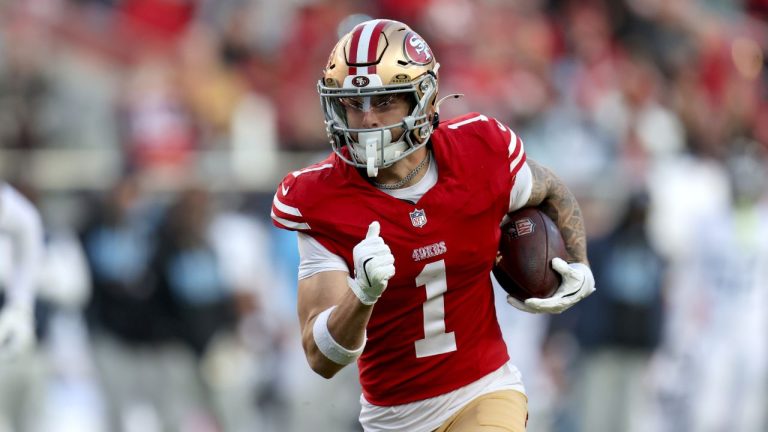 San Francisco 49ers wide receiver Ricky Pearsall runs during an NFL football game against the Tennessee Titans, Sunday, Dec. 14, 2025, in Santa Clara, Calif. (Scot Tucker/AP)