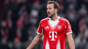 Munich's Harry Kane reacts during the German Bundesliga soccer match between FC Bayern Munich and FSV Mainz 05 in Munich, Germany, Sunday, Dec. 14, 2025. (Sven Hoppe/AP)