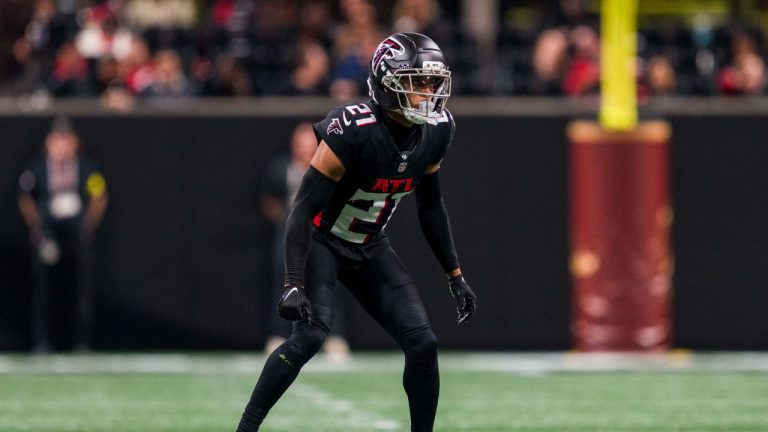 Atlanta Falcons cornerback Mike Hughes lines up during the second half of an NFL football game against the Seattle Seahawks, Sunday, Dec. 7, 2025, in Atlanta. (Danny Karnik/AP)