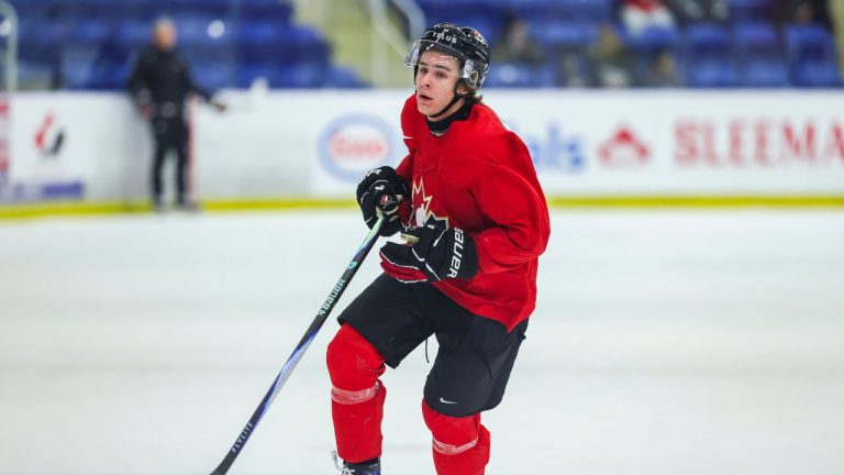 Gavin McKenna, of Whitehorse, Yukon, participates in practice during Canada's National Junior Team training camp in Niagara Falls, Ont., Saturday, Dec. 13, 2025. (Nick Iwanyshyn/CP)