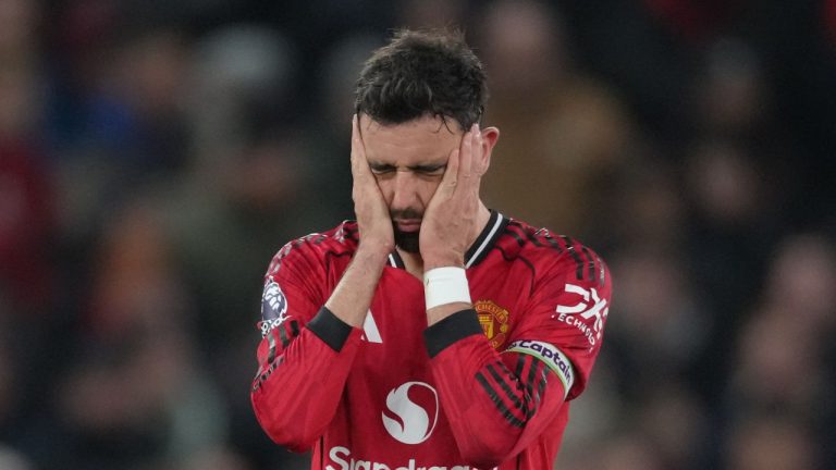 Manchester United's Bruno Fernandes shows a look of dejection after West Ham equalizing goal during the English Premier League soccer match between Manchester United and West Ham United, at Old Trafford Stadium in Manchester ,Thursday , Dec 4, 2025. (Dave Shopland/AP)