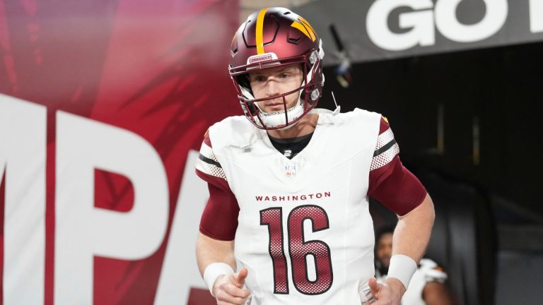 Washington Commanders quarterback Jeff Driskel enters the field after half time an NFL football Wild Card playoff game against the Tampa Bay Buccaneers, Sunday, Jan 12, 2025, in Tampa, Fla. (Peter Joneleit/AP)