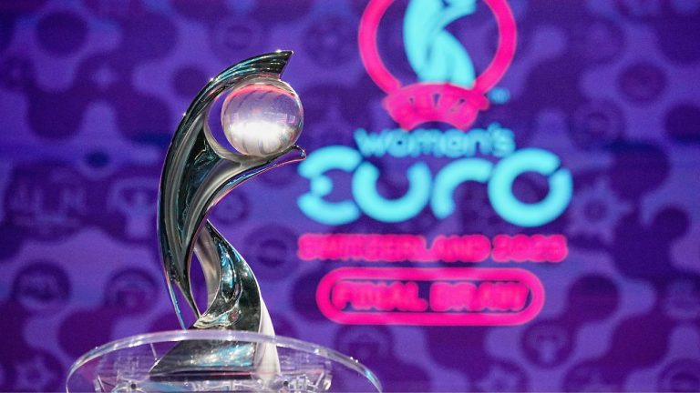 The tournament trophy is on display at the end of the UEFA Euro 2025 European women's soccer championship final draw at the Swiss Tech Convention Centre in Lausanne, Switzerland, Monday, Dec. 16, 2024. (Laurent Cipriani/AP)