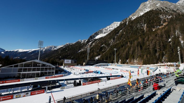 A view of the Anterselva Biathlon Arena, venue for the biathlon discipline at the Milan Cortina 2026 Winter Olympics, in Anterselva, northern Italy, Saturday, Jan. 25, 2025. (Alessandro Trovati/AP)