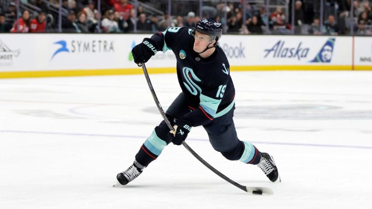 Seattle Kraken left wing Jared McCann shoots on goal against the Detroit Red Wings during the third period of an NHL hockey game Saturday, Dec. 6, 2025, in Seattle. (John Froschauer/AP)