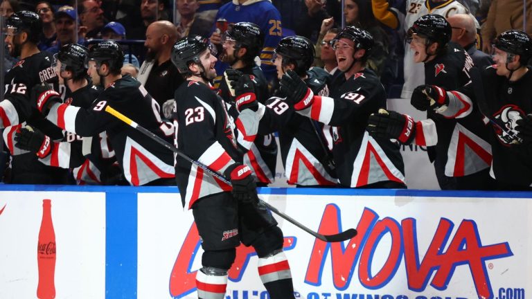 Buffalo Sabres defenceman Mattias Samuelsson celebrates his goal during the second period of an NHL hockey game against the Boston Bruins, Saturday, Dec. 27, 2025, in Buffalo, N.Y. (Jeffrey T. Barnes/AP)