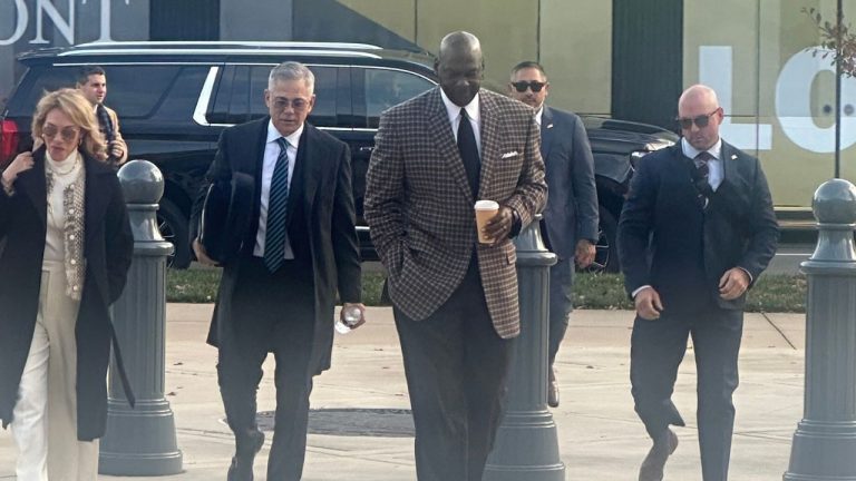 Michael Jordan arrives in the Western District of North Carolina on Monday Dec 1, 2025 for the start of the antitrust trial between 23XI Racing and Front Row Motorsports against NASCAR, in Charlotte, N.C. (Jenna Fryer/AP)