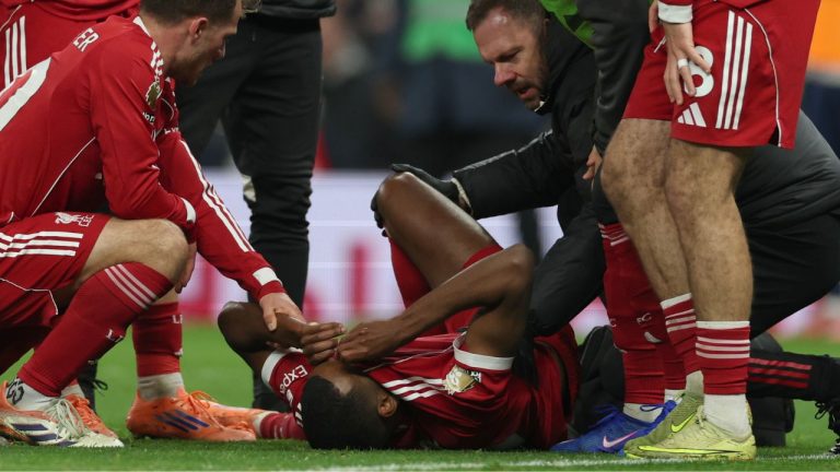 Liverpool's Alexander Isak reacts after sustaining an injury during the English Premier League soccer match between Tottenham and Liverpool in London, Saturday, Dec. 20, 2025. (Ian Walton/AP)