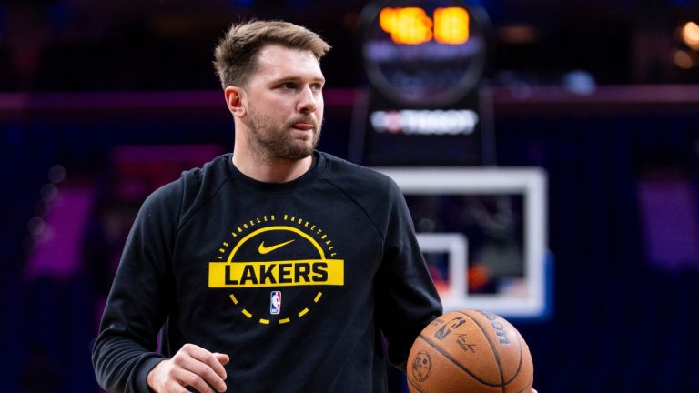 Los Angeles Lakers' Luka Doncic warms up prior to an NBA basketball game against the Philadelphia 76ers, Sunday, Dec. 7, 2025, in Philadelphia. (Chris Szagola/AP)