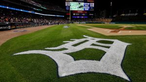 The Detroit Tigers logo is seen during a rain delay at Game 4 of the American League championship series against the New York Yankees Wednesday, Oct. 17, 2012, in Detroit. (Paul Sancya/AP)