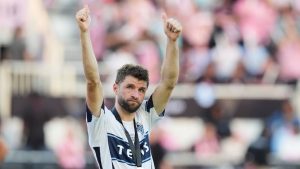Vancouver Whitecaps forward Thomas Müller reacts after receiving his runner-up medal at the end of the MLS Cup final soccer match against Inter Miami Saturday, Dec. 6, 2025, in Fort Lauderdale, Fla. (Rebecca Blackwell/AP)