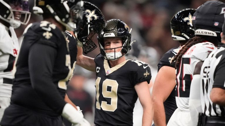New Orleans Saints place kicker Blake Grupe (19) celebrates a field goal against the Atlanta Falcons in the second half of an NFL football game, Sunday, Nov. 23, 2025, in New Orleans. (Gerald Herbert/AP)