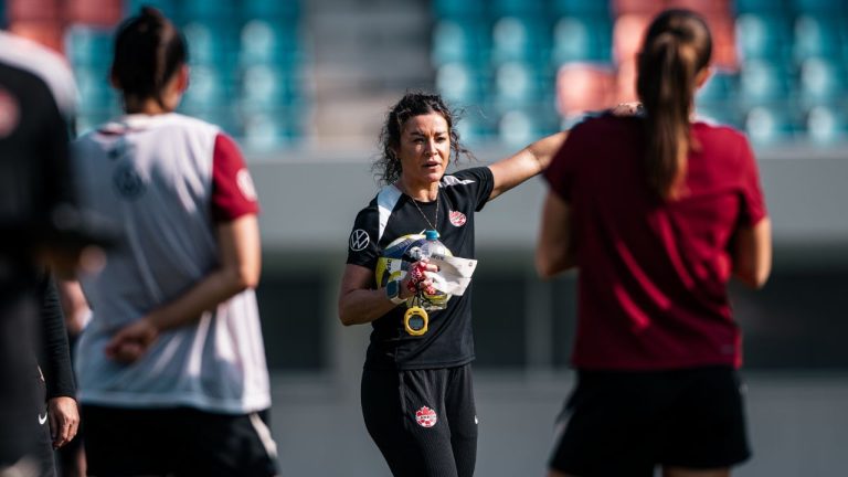 Canada assistant coach Natalie Henderson gives instructions during a training session with the Canadian women at Transcosmos Stadium in Nagasaki, Japan, on Wednesday, Nov. 26, 2025. (CP/Handout — Canada Soccer)