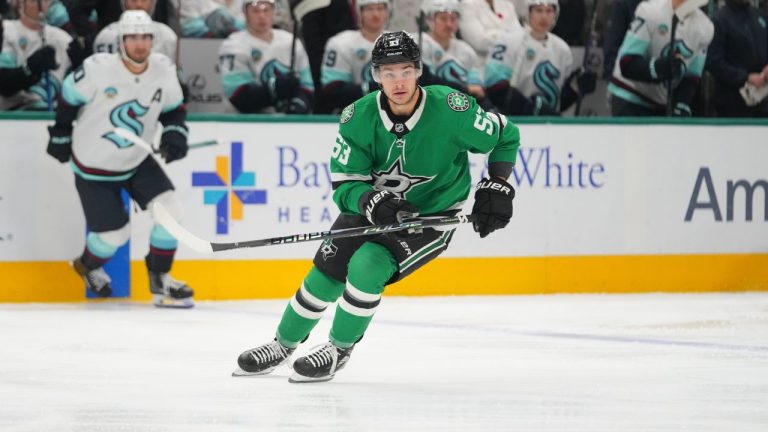 Dallas Stars centre Wyatt Johnston skates against the Seattle Kraken during the first period of an NHL hockey game Sunday, Nov. 9, 2025, in Dallas. (Julio Cortez/AP)
