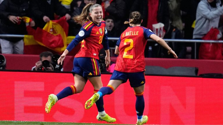 Spain's Claudia Pina, left, celebrates after scoring the opening goal during the Women's Nations League final soccer match between Spain and Germany in Madrid, Tuesday, Dec. 2, 2025. (Manu Fernandez/AP)