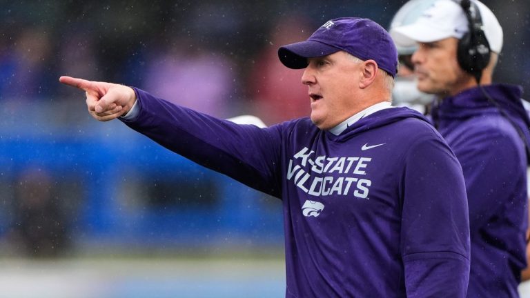 Kansas State head coach Chris Klieman watches during the first half of an NCAA college football gamecagainst Kansas, Saturday, Oct. 25, 2025, in Lawrence, Kan. (Charlie Riedel/AP)