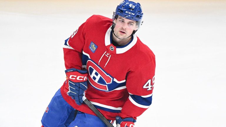 Montreal Canadiens' Jared Davidson skates prior to making his NHL hockey debut against the Boston Bruins in Montreal, Saturday, Nov. 15, 2025. (Graham Hughes/THE CANADIAN PRESS)