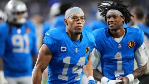 Detroit Lions wide receiver Amon-Ra St. Brown (14) runs on the field before an NFL football game against the Green Bay Packers Thursday, Nov. 27, 2025, in Detroit. (Paul Sancya/AP)