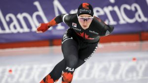 Canada's Ivanie Blondin skates during the women's 1500-metre competition at the ISU World Cup speed skating event in Calgary, Alta., Saturday, Nov. 22, 2025.(Jeff McIntosh/CP)