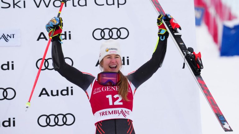 Valerie Grenier of Canada celebrates a third place finish in the women's World Cup giant slalom in Mont Tremblant, Que., Saturday, Dec. 6, 2025. (Sean Kilpatrick/CP)