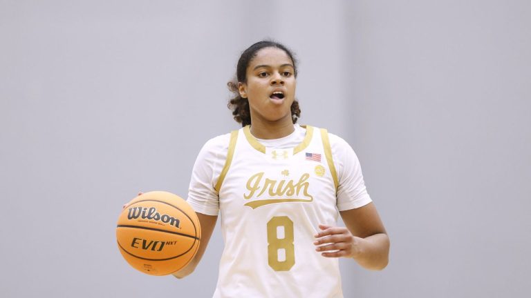 Notre Dame guard Cassandre Prosper plays during an NCAA basketball game on Saturday, Nov. 15, 2025, in Detroit. (AP Photo/Al Goldis)