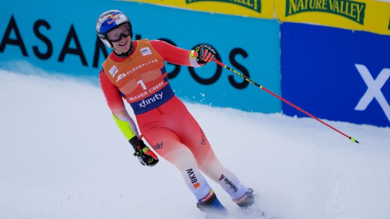 Switzerland's Marco Odermatt reacts at the finish line during a World Cup men's giant slalom skiing race, Sunday, Dec. 7, 2025, in Beaver Creek, Colo. (AP Photo/John Locher)