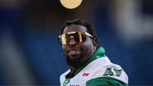 Saskatchewan Roughriders offensive lineman Jermarcus Hardrick during a walkthrough ahead of the 112th CFL Grey Cup, in Winnipeg, on Saturday, November 15, 2025.(Darryl Dyck/CP)