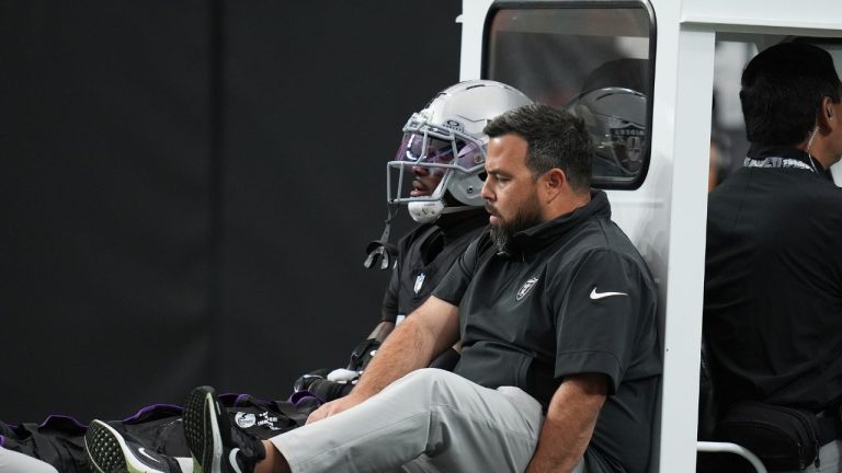 Las Vegas Raiders cornerback Kyu Blu Kelly is carted off the field during the first half of a game against the Denver Broncos in Las Vegas, Sunday, Dec. 7, 2025. (Gregory Bull/AP)