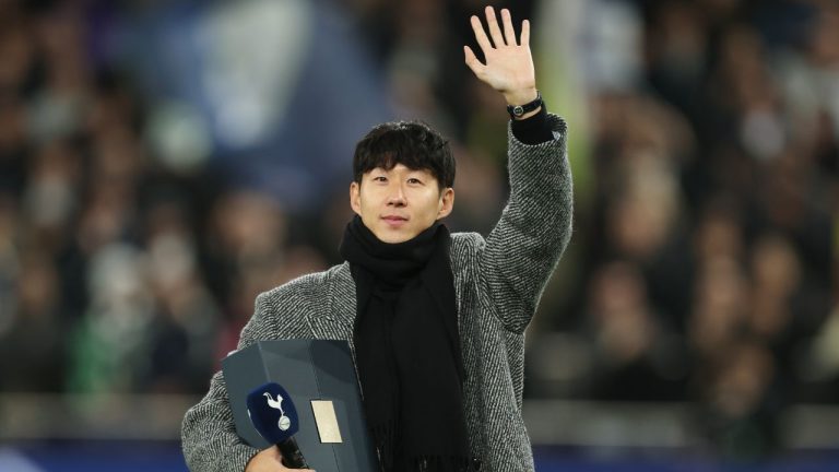 Los Angeles FC forward Son Heung-Min greets fans before the start of the Champions League match between Tottenham and Slavia Prague, in London, England, Tuesday, Dec. 9, 2025. (AP Photo/Richard Pelham)