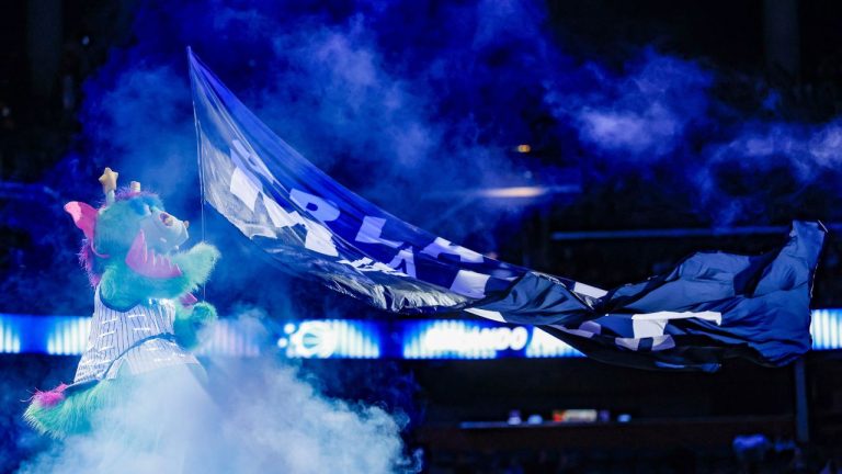 Orlando Magic mascot Stuff performs before the start of the Brooklyn Nets NBA Cup basketball game, Friday, Nov. 14, 2025, in Orlando, Fla. (Kevin Kolczynski/AP)