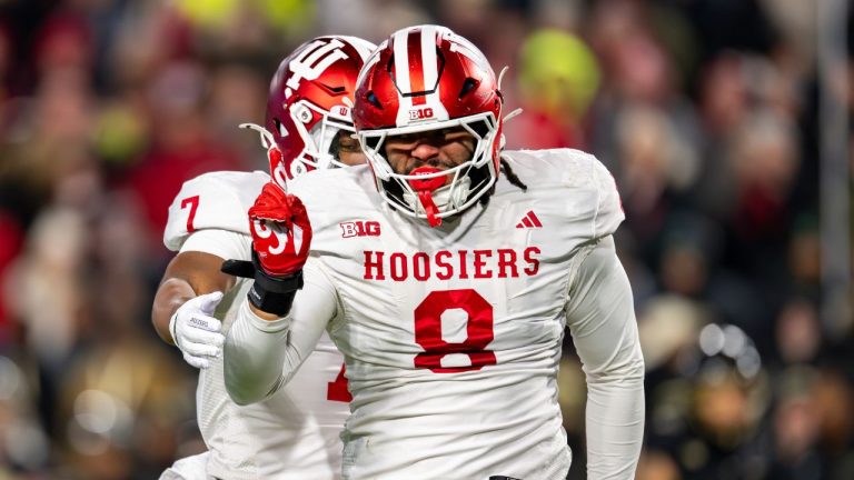 Indiana defensive lineman Stephen Daley (8) reacts during an NCAA college football game against Purdue, Friday, Nov. 28, 2025, in West Lafayette, Ind. (Doug McSchooler/AP)