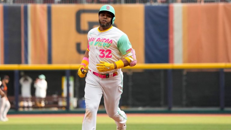 San Diego Padres Nelson after hitting a solo home run against the San Francisco Giants during an MLB game at the Alfredo Harp Helu Stadium in Mexico City, Saturday, April 29, 2023. (Fernando Llano/AP)