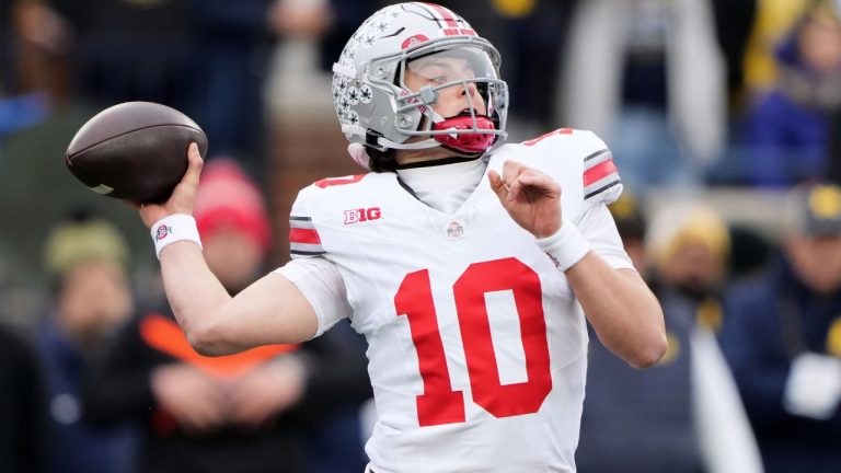 Ohio State quarterback Julian Sayin throws during an NCAA college football game against Michigan, Saturday, Nov. 29, 2025, in Ann Arbor, Mich. (AP Photo/Ryan Sun)