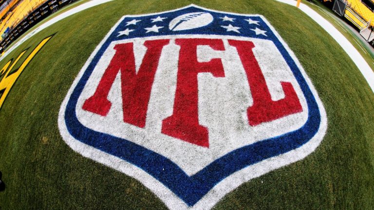The NFL logo painted in the end zone at Acrisure Stadium before an NFL football game between the Pittsburgh Steelers and the Buffalo Bills in Pittsburgh Sunday, Nov. 30, 2025. (Gene J. Puskar/AP)