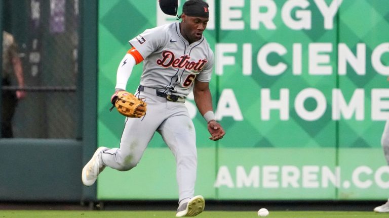 Detroit Tigers left fielder Akil Baddoo chases down a double by St. Louis Cardinals' Victor Scott II during a game on Monday, May 19, 2025, in St. Louis. (Jeff Roberson/AP)