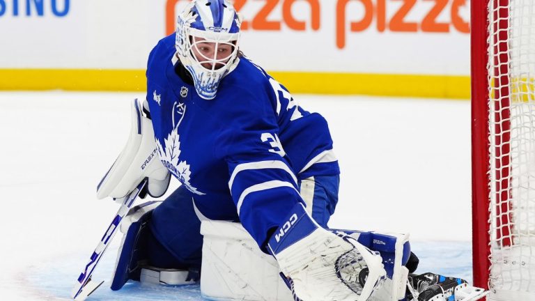 Toronto Maple Leafs goaltender Dennis Hildeby (35) makes a save against the San Jose Sharks during first period NHL hockey action in Toronto on Thursday, Dec. 11, 2025.(Frank Gunn/CP)