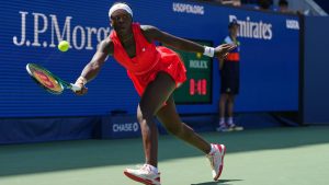 Victoria Mboko, of Canada, returns a shot to Barbora Krejcikova, of the Czech Republic, during the first round of the US Open tennis championships, Monday, Aug. 25, 2025, in New York. (Kirsty Wigglesworth/AP)