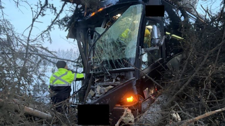 A coach bus that crashed while transporting a local Junior A hockey team on Highway 2, south of Athabasca, Alta., during the early morning hours of Friday, Dec. 12, 2025, is shown in this handout photo. (Handout - Alberta RCMP/THE CANADIAN PRESS)