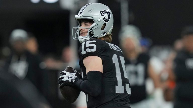 Las Vegas Raiders quarterback Kenny Pickett (15) prepares to throw during the second half of an NFL game against the Denver Broncos, Sunday, Dec. 7, 2025, in Las Vegas. (Candice Ward/AP)